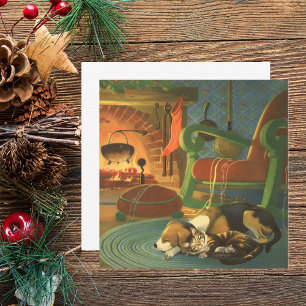 Vintage God Jul, Sömpande djur i Fireplace Julkort
