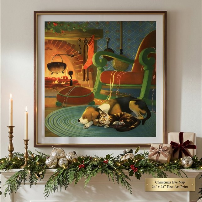 Vintage God Jul, Sömpande djur i Fireplace Poster (Vintage illustration Christmas image featuring pets sleeping by the fireplace waiting for Santa.)