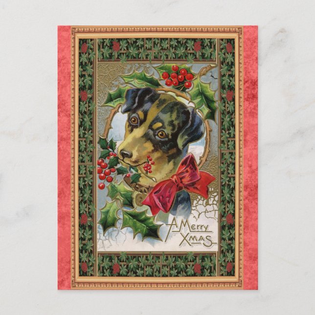 Vintage God Jul Söt Hund Vykort (Framsida)