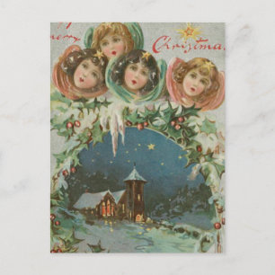 Vintage God Jul Town with Children Helg Vykort
