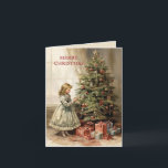 Vintage God jul Träd Flickgåvor Helgkort<br><div class="desc">Ett Julhälsningar kort med en vintage av en tjej som dekorerar Julgran med inslagna gåvor under. Texten säger "God jul", men är anpassadet för ert eget hälsning. Personlig på baksidan med ditt budskap och namn. Kontakta mig om du behöver hjälp med din anpassning eller om du vill be om ytterligare...</div>