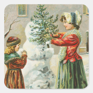 Vintage God jul Winter Snögubbe Fyrkantigt Klistermärke