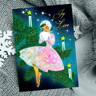 Vintage God Julljus, iridescent glitter Julkort