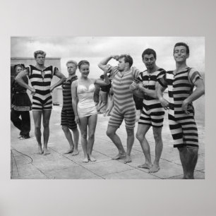Vintage gofy manar i badande kostym med kvinna poster