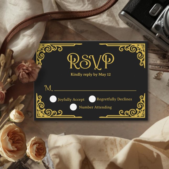  Vintage Gold Black Wedding  OSA Kort (Cinematic Vintage Gold Black Wedding RSVP Card)
