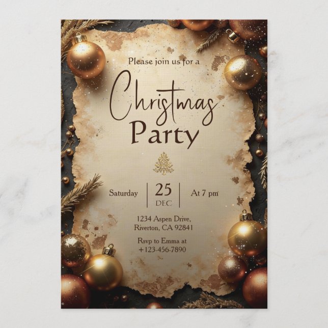 Vintage Gold Christmas Party Invitation Inbjudningar (Framsida)
