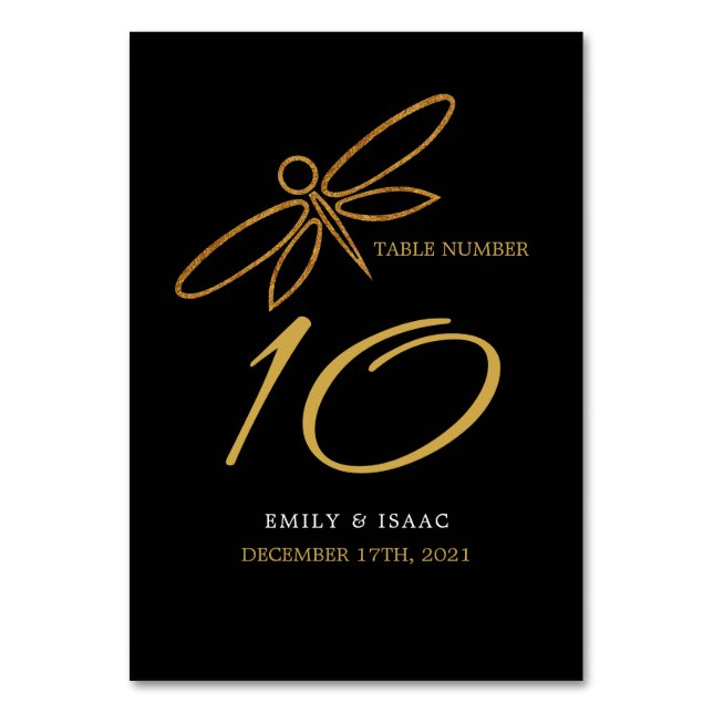 Vintage Gold Foil Dragonfly Bröllop Bordsnummer (Framsidan)