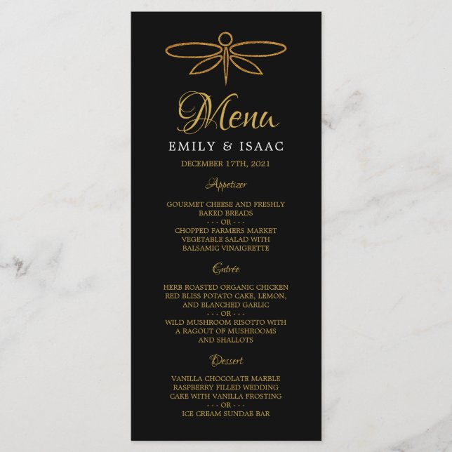 Vintage Gold Foil Dragonfly Bröllop Menu Meny (Framsida)