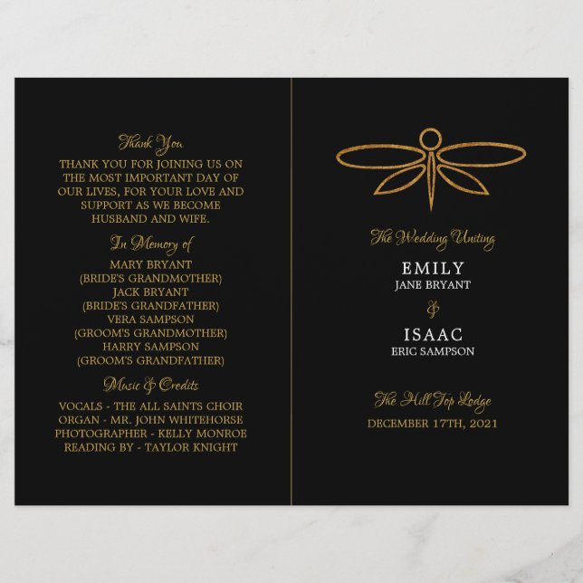 Vintage Gold Foil Dragonfly Bröllopsprogram (Framsida)