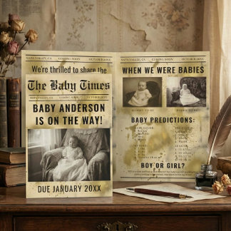 vintage gold Newspaper Pregnancy Announcement Inbjudan