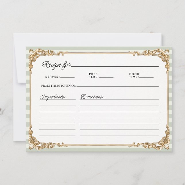 Vintage Gold Sage stripe Bridal Shower Recipe Card (Framsida)