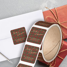 Vintage gold script plaid Christmas return address Fyrkantigt Klistermärke
