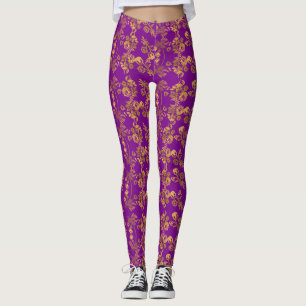 Vintage Golden blommigt-utskrift på lila Leggings