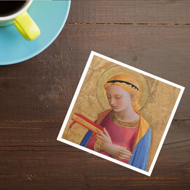 Vintage Golden Christian Heliga Figur Pappersservett (Holy Christian angel figure halo holding book on golden yellow napkin.)