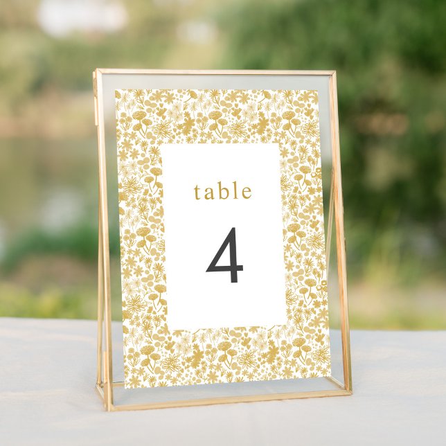 Vintage Golden Ditzy Blommigt Bröllop Bordsnummer (Golden watercolor ditzy floral wedding suite elegant table number sign.)