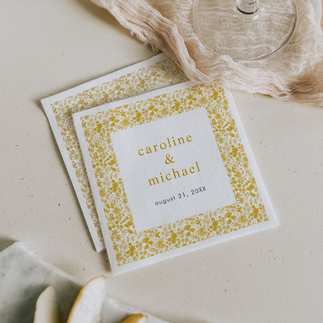 Vintage Golden Ditzy Blommigt Bröllop Cocktail Pappersservett (Gold ditzy florals wedding paper napkins.)