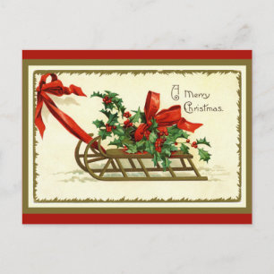 Vintage Golden jul Sleigh Helg Vykort