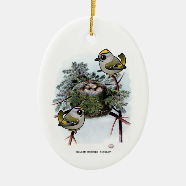 Vintage Golden-kronad Kinglet Julgransprydnad Keramik (Framsidan)