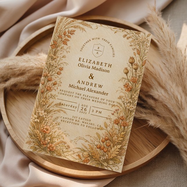 Vintage Golden Meadow Blommig Bröllop Inbjudningar (Skapare uppladdad)