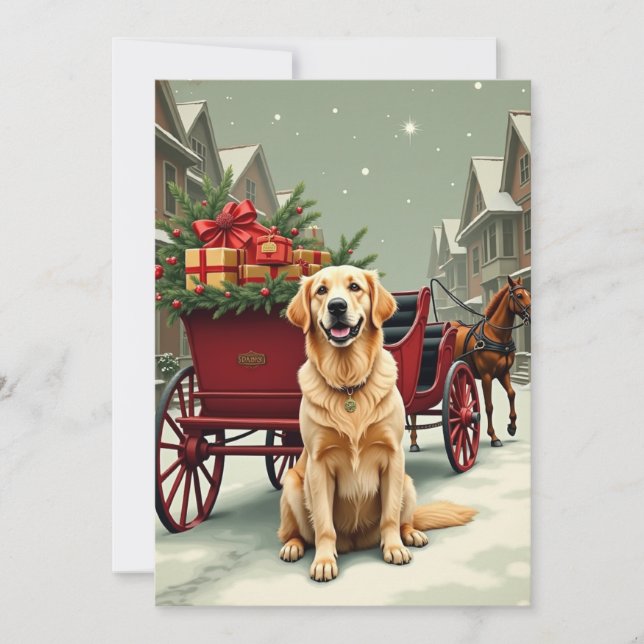 Vintage Golden Retriever Christmas Carriage Illust Julkort (Framsida)