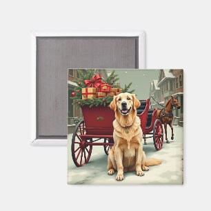 Vintage Golden Retriever Julkärr Illustr Magnet