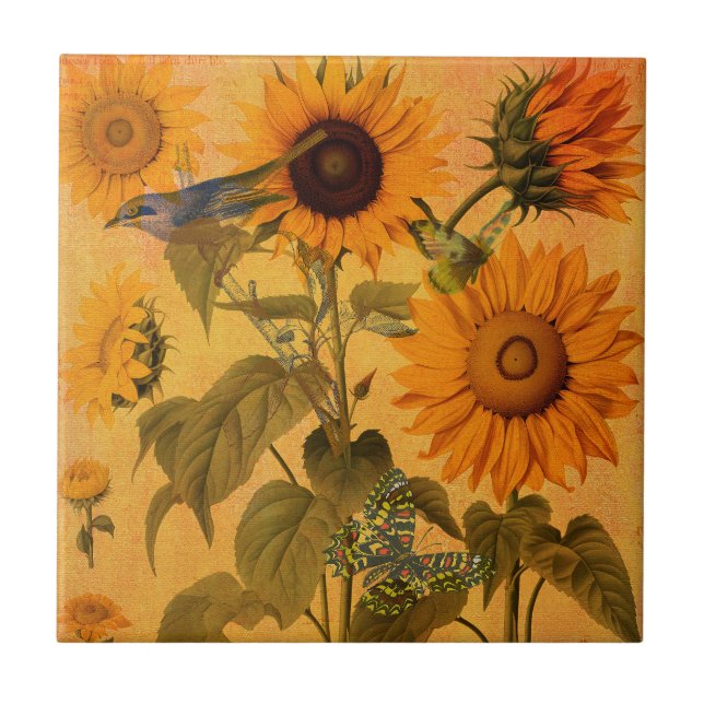 Vintage Golden Solroscollage Kakelplatta (Framsidan)
