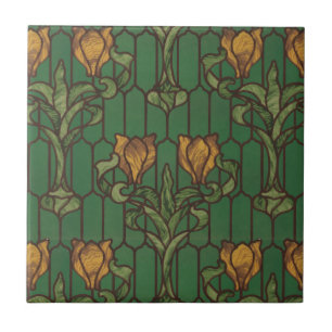 Vintage Golden Tulips Art nouveau Blommönster Kakelplatta