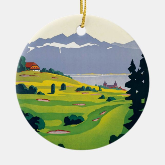 Vintage Golf Lausanne City Sjö Schweiz Julgransprydnad Keramik (Framsidan)