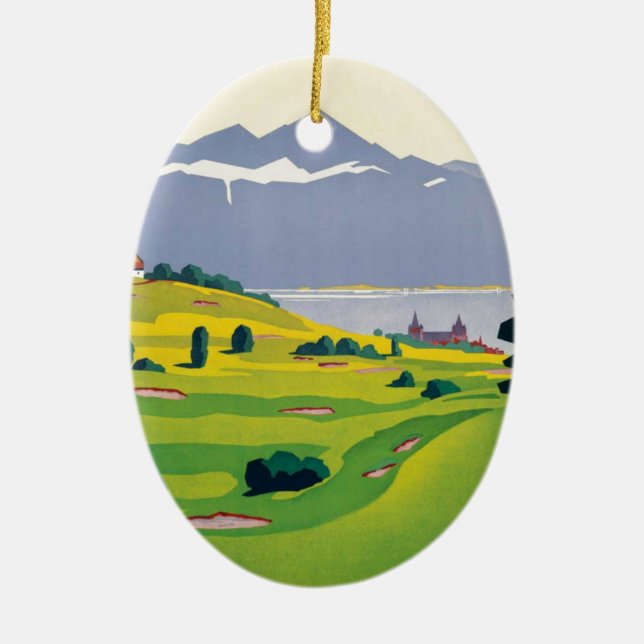 Vintage Golf Lausanne City Sjö Schweiz Julgransprydnad Keramik (Framsidan)