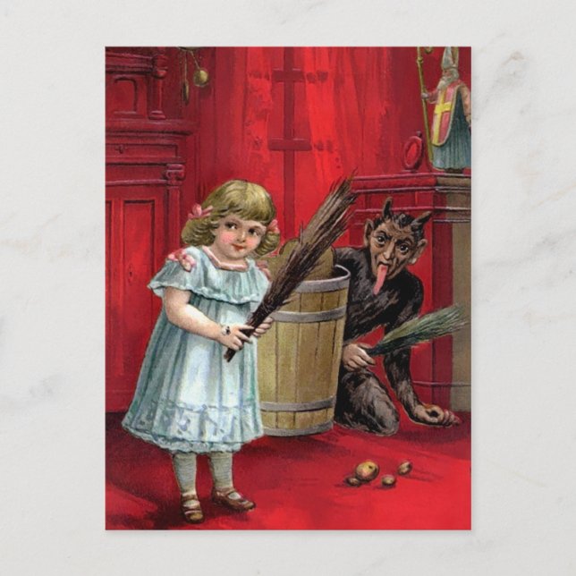 Vintage Gömmande Krampus Vykort (Framsida)