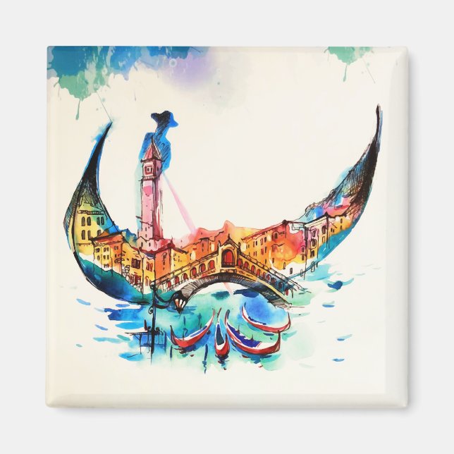Vintage Gondola Venice City Travel Kärlek Watercol Magnet (Framsidan)