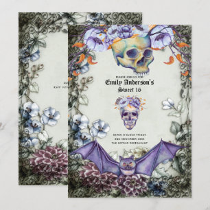 Vintage Goth Döskallars Sweet 16 Lila Orange Flowe Inbjudningar