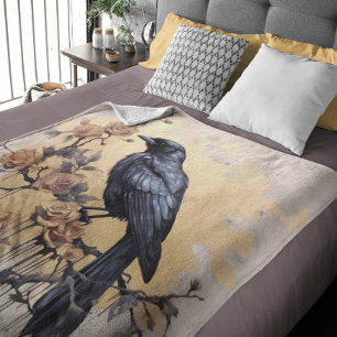 Vintage Goth Raven Guld Ro Watercolor Fleecefilt