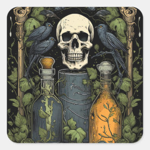 Vintage Goth Skeleton Skull Raven Poison Halloween Fyrkantigt Klistermärke