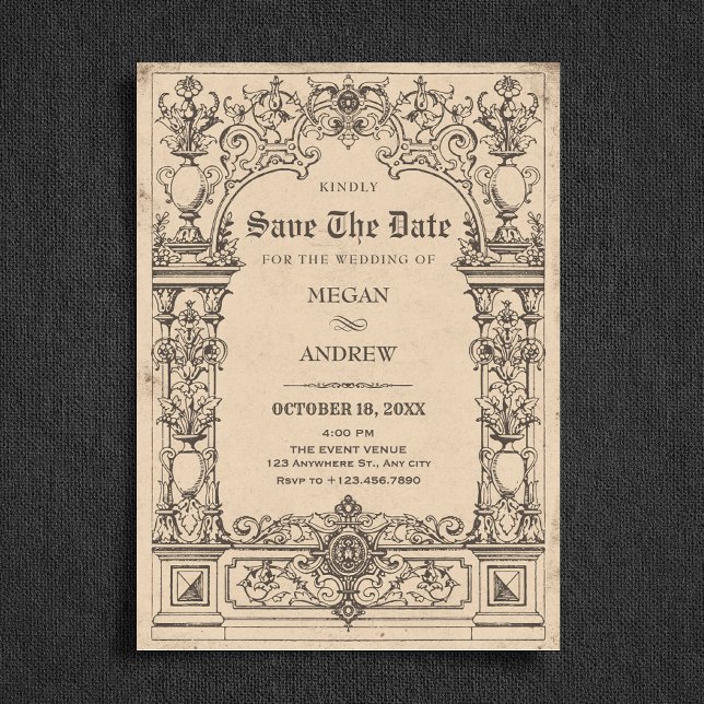 Vintage gothic arch bröllop spara datumet (Skapare uppladdad)