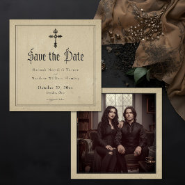 Vintage Gothic Black Toile Cross Tan Photo Wedding Spara Datumet