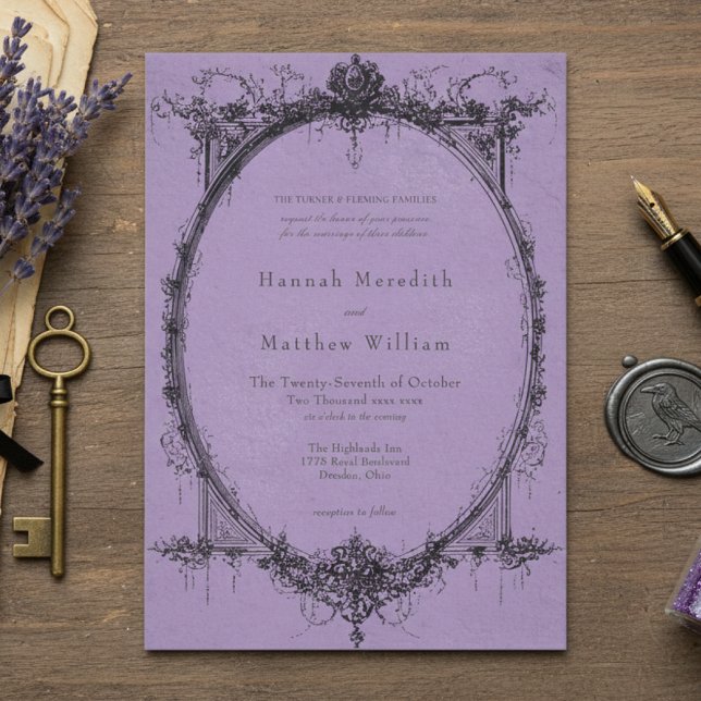 Vintage Gothic Black Toile Purple Wedding Inbjudningar (Skapare uppladdad)