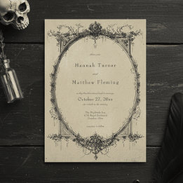 Vintage Gothic Black Toile Tan Wedding Inbjudningar