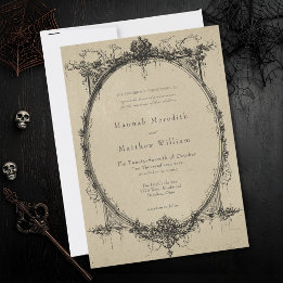Vintage Gothic Black Toile Tan Wedding Inbjudningar