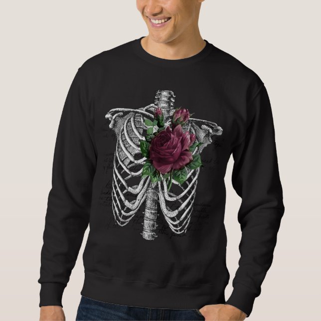 Vintage Gothic Burgundy Blommigt Skeleton Lång Ärmad Tröja (Framsida)