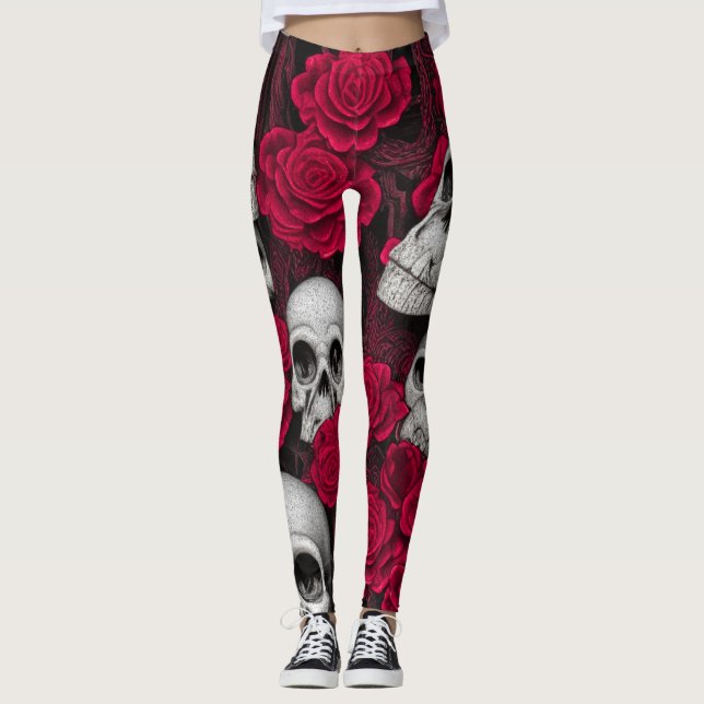 Vintage Gothic Döskallar Röd ros Garden Leggings (Framsida)