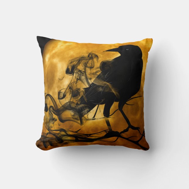 Vintage Gothic Halloween Large Black Raven Bird Kudde (Framsida)