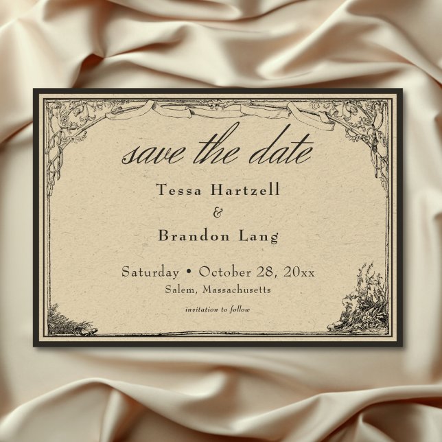 Vintage Gothic Medieval Line Gräns Bröllop Spara Datumet (Vintage Gothic Medieval Line Border Wedding Save The Date)