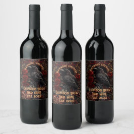 Vintage Gothic Mörk Beauty Kråka Raven Röd ros Vinflaska Etikett