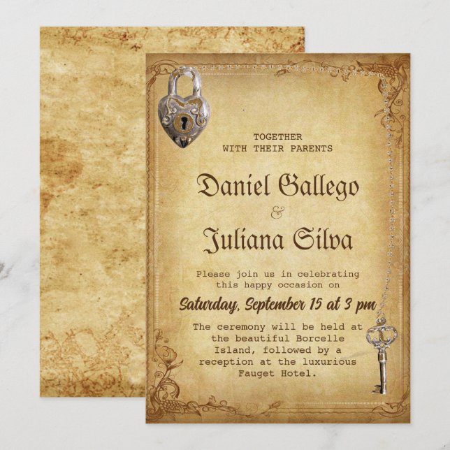 Vintage Gothic Skeleton Nyckel bröllop Inbjudningar (Fram/baksida)