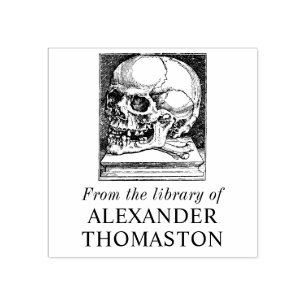 Vintage Gothic Skull på Bok Bibliotek Namn Stämpel