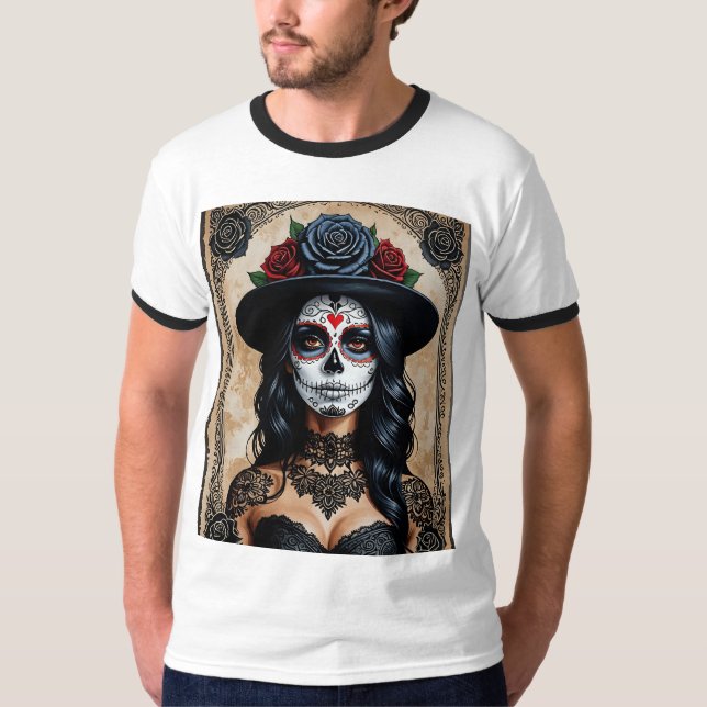 Vintage Gothic Sugar Skull Ro Shirt T (Framsida)