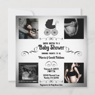 Vintage Gothic Svart & Vit Barnvagn Baby Shower Inbjudningar