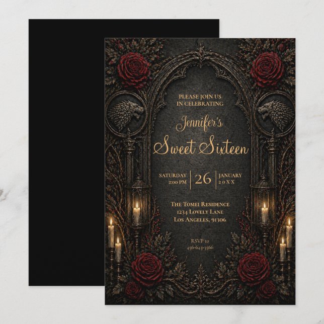 Vintage Gothic Sweet 16 Inbjudningar (Fram/baksida)