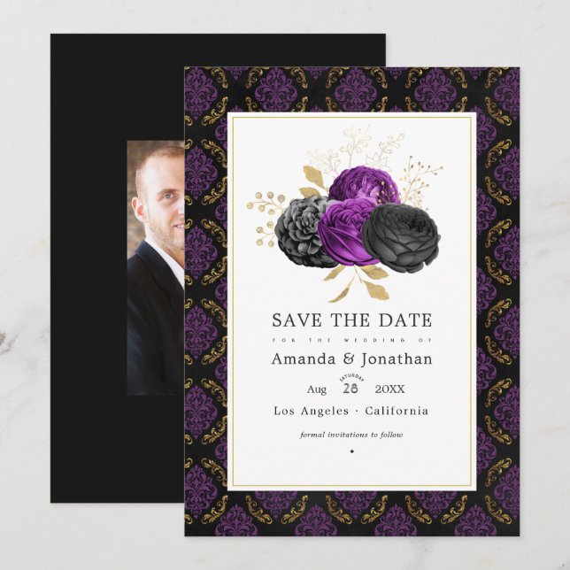 Vintage gotisk blombröllopsfoto spara datumet (Fram/baksida)